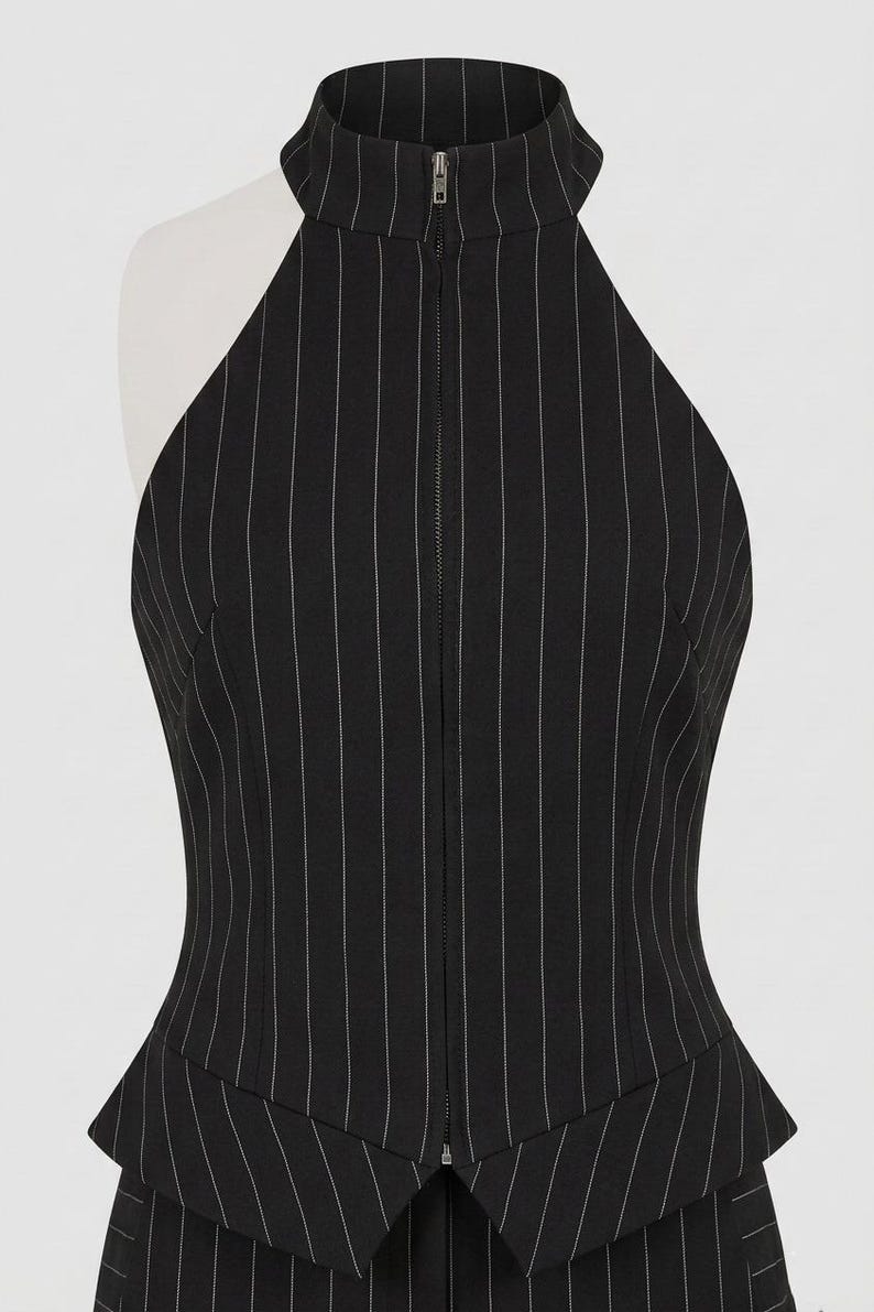 Pinstripe Suit Set, Two Piece Co ord, Womens Office Wear, Brown Vest Pants, 
Wide Leg Trousers, Halter Neck Top, Tailored Womens Suit, Business Casual, Dark Academia, Elegant Formal Wear, Cotton Blend Suit, Minimalist Clothing, Gift for Her