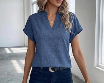 Blue Sofia Fabric Blouse | Minimal V-Neck Short Sleeve Women Top | Casual Shirt | Elegant Everyday