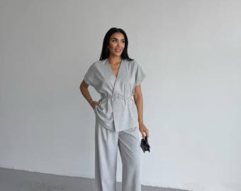 Woven Wrap Top Wide Leg Pants Set, Minimalist Summer Co-ord Outfit