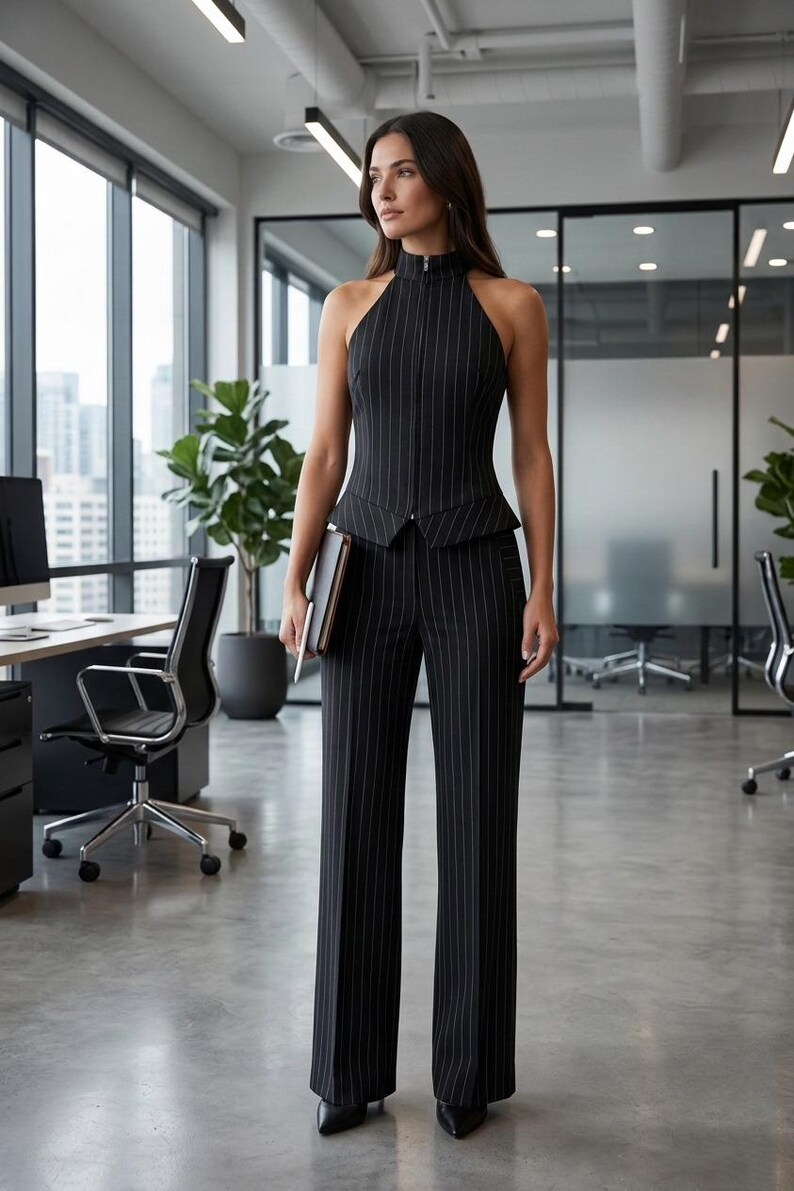 Pinstripe Suit Set, Two Piece Co ord, Womens Office Wear, Brown Vest Pants, 
Wide Leg Trousers, Halter Neck Top, Tailored Womens Suit, Business Casual, Dark Academia, Elegant Formal Wear, Cotton Blend Suit, Minimalist Clothing, Gift for Her