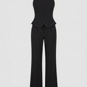 Pinstripe Suit Set, Two Piece Co ord, Womens Office Wear, Brown Vest Pants, 
Wide Leg Trousers, Halter Neck Top, Tailored Womens Suit, Business Casual, Dark Academia, Elegant Formal Wear, Cotton Blend Suit, Minimalist Clothing, Gift for Her
