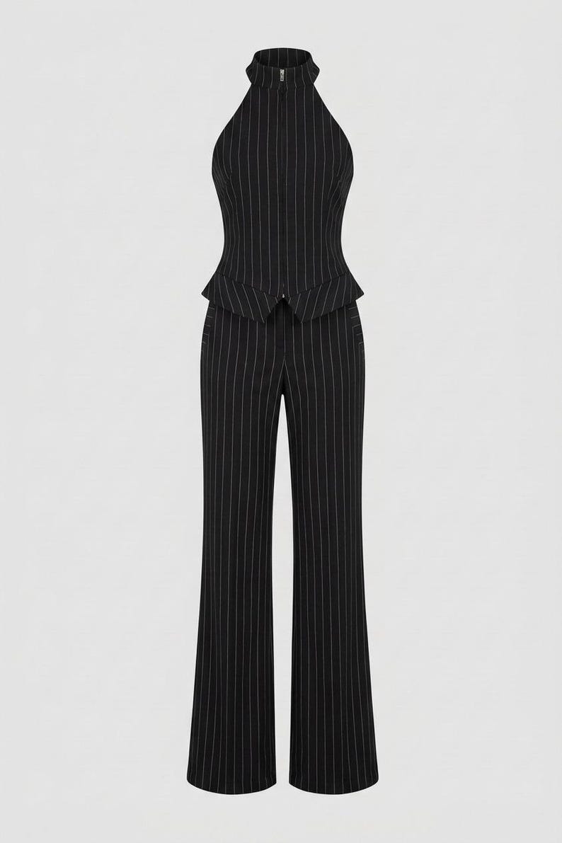 Pinstripe Suit Set, Two Piece Co ord, Womens Office Wear, Brown Vest Pants, 
Wide Leg Trousers, Halter Neck Top, Tailored Womens Suit, Business Casual, Dark Academia, Elegant Formal Wear, Cotton Blend Suit, Minimalist Clothing, Gift for Her
