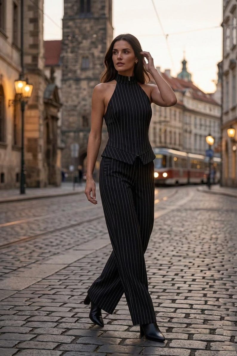Pinstripe Suit Set, Two Piece Co ord, Womens Office Wear, Brown Vest Pants, 
Wide Leg Trousers, Halter Neck Top, Tailored Womens Suit, Business Casual, Dark Academia, Elegant Formal Wear, Cotton Blend Suit, Minimalist Clothing, Gift for Her