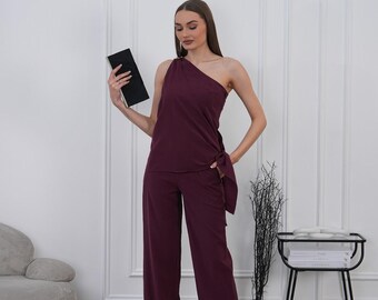 One Shoulder Two-Piece Set, Asymmetric Blouse and Wide Leg Pants, Wedding Guest Outfit, Elegant Evening Wear, Deep Plum Formal Set