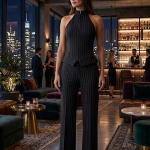 Pinstripe Suit Set, Two Piece Co ord, Womens Office Wear, Brown Vest Pants, 
Wide Leg Trousers, Halter Neck Top, Tailored Womens Suit, Business Casual, Dark Academia, Elegant Formal Wear, Cotton Blend Suit, Minimalist Clothing, Gift for Her