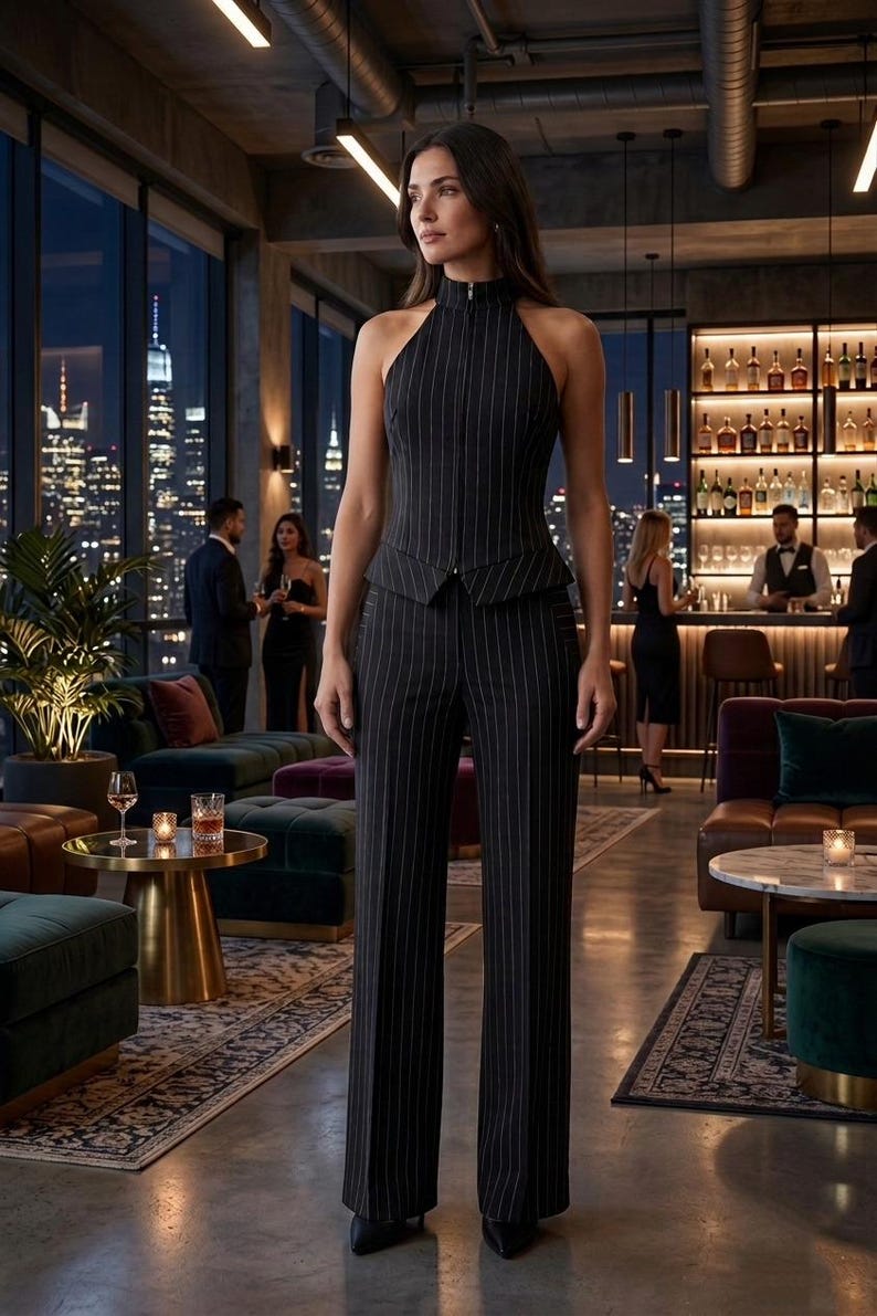 Pinstripe Suit Set, Two Piece Co ord, Womens Office Wear, Brown Vest Pants, 
Wide Leg Trousers, Halter Neck Top, Tailored Womens Suit, Business Casual, Dark Academia, Elegant Formal Wear, Cotton Blend Suit, Minimalist Clothing, Gift for Her