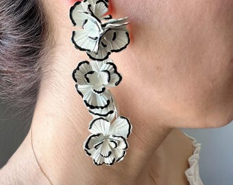 Statement Floral Dangle Earrings – Black and White Oversized Flower , Bold Handmade Petal Jewelry, Artistic
