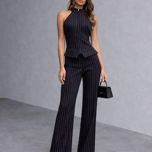 Pinstripe Suit Set, Two Piece Co ord, Womens Office Wear, Brown Vest Pants, 
Wide Leg Trousers, Halter Neck Top, Tailored Womens Suit, Business Casual, Dark Academia, Elegant Formal Wear, Cotton Blend Suit, Minimalist Clothing, Gift for Her