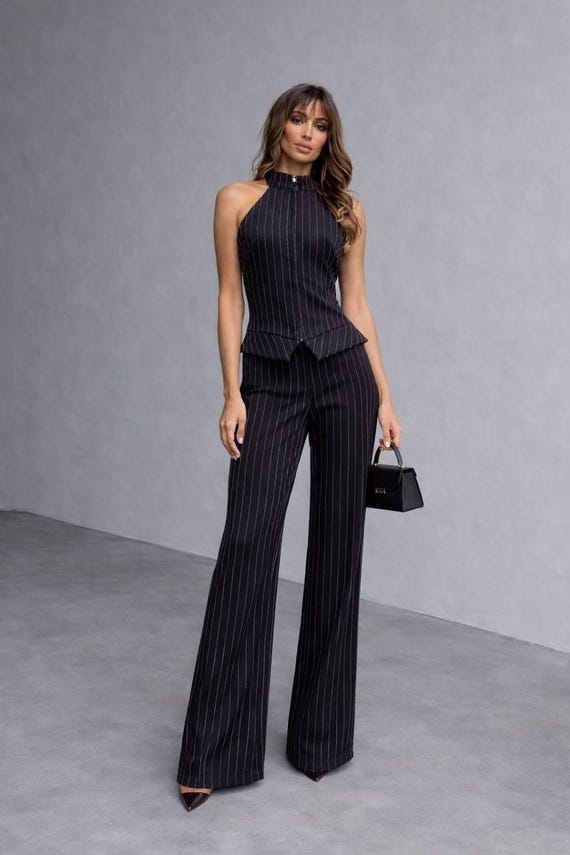 Black Pinstripe Two Piece Set | Halter Vest and Wide Leg Pants | Formal Office Wear