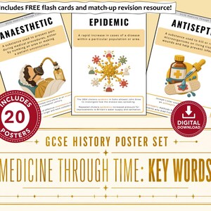 May include: A set of educational posters titled Medicine Through Time: Key Words, featuring definitions and illustrations for terms like Anaesthetic, Epidemic, and Antiseptic. The cards include historical medical imagery and text descriptions.