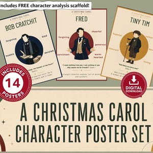Pode incluir: Um conjunto de 14 cartazes digitais para download intitulado A Christmas Carol Character Poster Set. Os cartazes apresentam ilustrações de Bob Cratchit, Fred e Tiny Tim com texto descritivo, análise de personagens e citações da história.