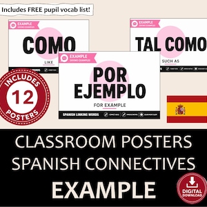 以下が含まれることがあります： スペイン語の接続詞を学ぶための教室用ポスター12枚セット。白い背景にピンクの円、COMO、TAL COMO、POR EJEMPLOといった黒い文字、そして英語の翻訳が記載されています。スペインの国旗のアイコンが含まれています。
