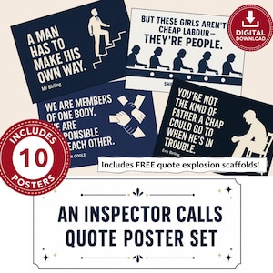Op de afbeelding: Een set digitale posters met citaten uit An Inspector Calls. De ontwerpen hebben donkerblauwe achtergronden met witte tekst en silhouetten van figuren. Eén poster toont een man op een trap, een andere mensen aan een lopende band, een derde toont ineengestrengelde handen en een vierde een zittende man. Rode ronde badges geven de digitale download en de set van 10 posters aan.