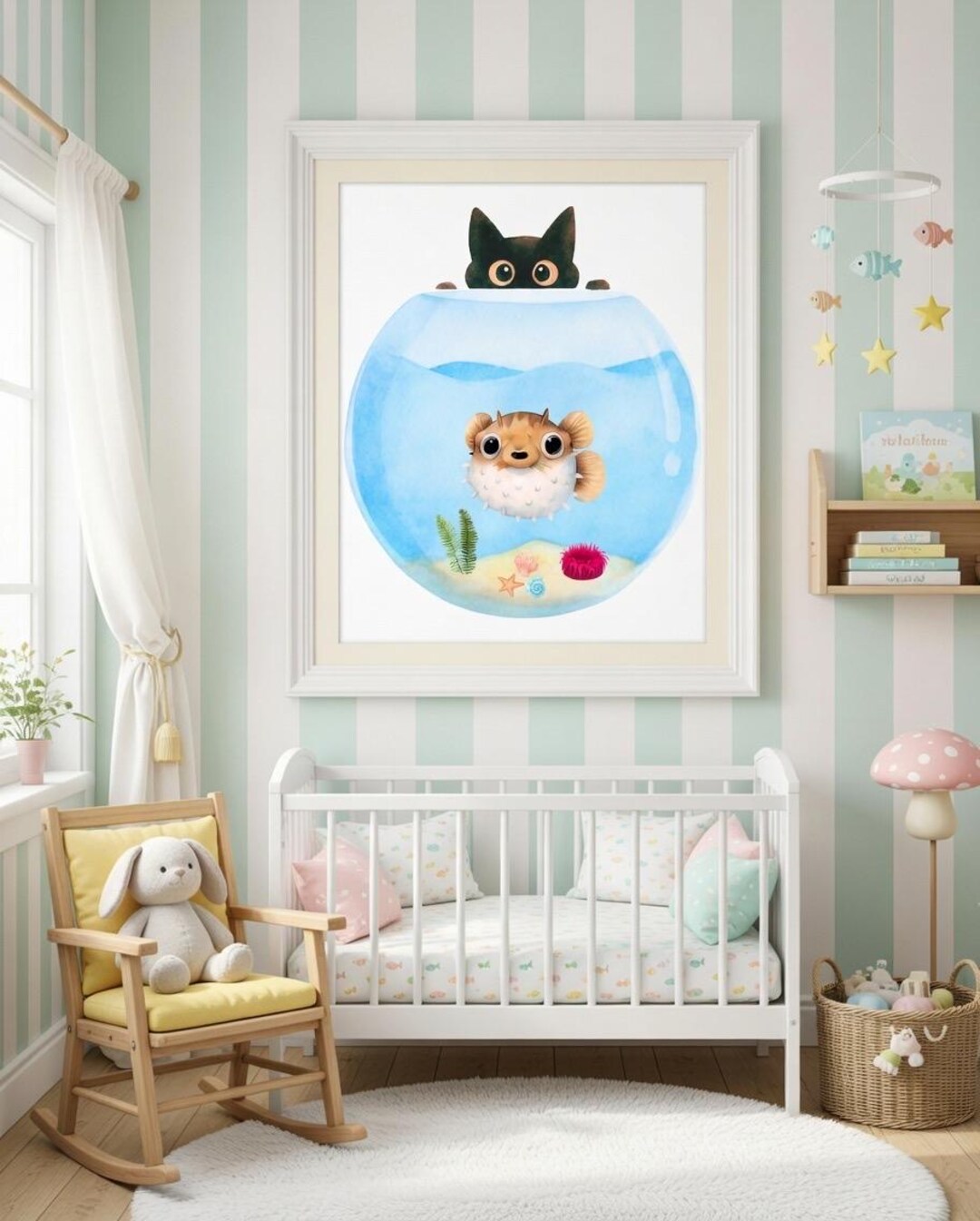 Black Cat Fish Bowl Nursery Wall Art Printable, Puffer Fish Ocean ...