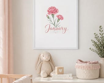 Roze anjer geboortebloem januari verticale ingelijste poster | Aquarel kinderkamerkunst