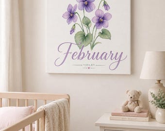 Februari violette geboortebloem canvas muurkunst | Opgespannen mat canvas 1,25" | Bloemdecoratie geboorte babykamer