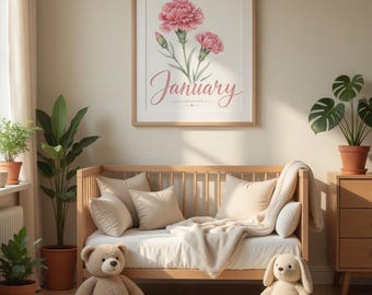 Poster geboortebloem januari anjer mat verticale poster | Aquarel bloemen kinderkamer muurkunst