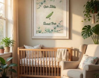 Matte verticale poster met botanische kwekerij Sweet Pea | Genderneutrale muurkunst babykamer