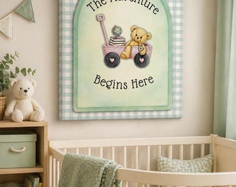 Het avontuur begint hier canvas muurkunst, teddybeer wagen kinderkamer decor, pastel kinderspeelkamer uitgerekt 1,25"