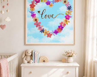 Liefde kinderkamer muur kunst digitale download, bloemen hart afdrukbare, baby meisje kamer decor, pastel wolk kinderkamer print, kinderkamer kunst