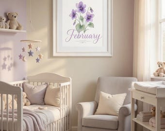 Bloemenprint geboorte februari | Violette aquarel muurkunst | Afdrukbaar kinderdagverblijf februari | Kamerdecoratie babymeisje | Digitale download