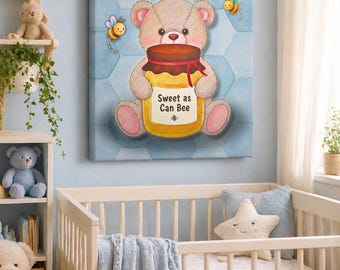Sweet As Can Bee-teddybeer canvas gestrekt 1,25", babykamer muurkunst | Blauwe honingberenprint