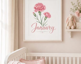 Bloemenprint geboorte januari, anjer kinderkamer kunst aan de muur, aquarel bloemen digitale download, kamerdecoratie babymeisje, bloemenkunst geboortemaand