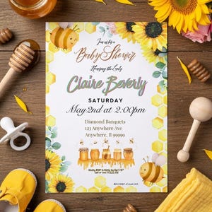 Editable Bee Baby Shower Invitation Template, Sunflower Honey Baby Shower Invite, Bumble Bee Canva Template, Instant Download 5x7