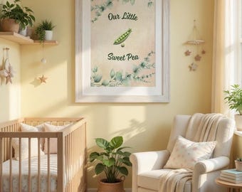 Sweet erwt kwekerij print, genderneutraal babyshower cadeau, botanische babykamer kunst aan de muur, groene kwekerij decor digitale download