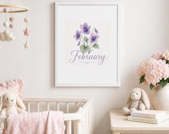 Februari Violet Birth Flower ingelijste poster | Verticale ingelijste poster | Muurkunst kinderkamer | Cadeau kraamcadeau