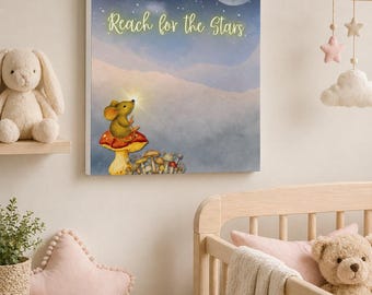 Reik naar het Stars Moon kinderdagverblijf canvas | Muurkunst muis paddestoel kinderkamer | Opgespannen canvas 1,25"