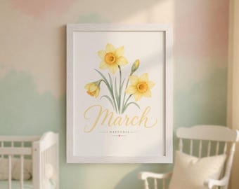 Maart poster met narcis geboortebloem mat verticale poster | Muurdecoratie babymeisje lente bloemen
