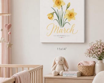Maart narcis aquarel canvas print mat uitgerekt 1,25" | Kunst aan de muur kinderkamer | maart Birtj maand bloem decor kinderkamer
