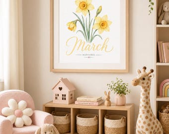 Bloemenprint maart geboortemaand, narcis kinderkamer kunst aan de muur, digitale download baby meisje kamer decor, afdrukbare lente bloemen