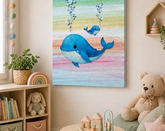 Schattige blauwe vinvis kinderkamer kunstcanvas | Kinderspeelkamerdecoratie walvis en baby | Opgespannen mat canvas 1,25"