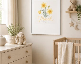 March Narcis aquarel verticale ingelijste poster | Muurkunst kinderkamer | Geboortebloem