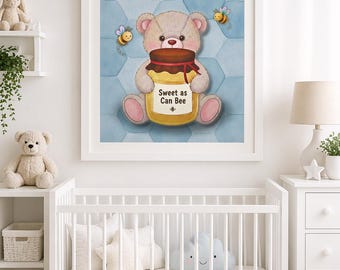 Zoet als kan bijenkwekerij print, bijenkwekerij kunst aan de muur, teddybeer kinderkamer decor, babyboy kamer decor, blauwe kwekerij afdrukbare