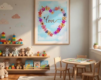 Matte verticale poster muurkunst Sweet Love kinderkamer | Pastelkleurige wolken kinderkamerposter