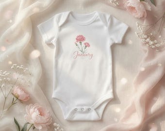 Babyromper met anjerbloemen januari, romper met aquarelgeboortebloem
