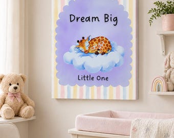 Aquarel giraffe droomt op wolk mat canvas uitgerekt 1,25" | Dream Big Little One-kamerdecoratie