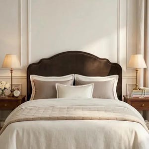 Op de afbeelding: Een donkerbruin fluwelen hoofdeinde met een boogvorm achter een bed opgemaakt met crème en taupekleurig beddengoed. Het bed is voorzien van een doorgestikte sprei, twee grote taupekleurige kussens en een klein crème lendenkussen tussen twee nachtkastjes.