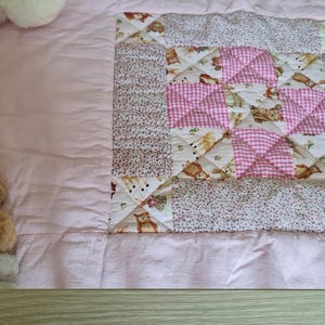May include: A light pink quilted blanket featuring a central square block with a patchwork design of pink gingham, floral patterns, and small animal illustrations. Several plush toys, including a lion and a teddy bear, are positioned nearby.