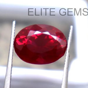 Puede incluir: Un rubí facetado de forma ovalada, sostenido por unas pinzas. La gema, de color rojo intenso, se muestra en un recipiente blanco. El texto "ELITE GEMS" es visible en el fondo.
