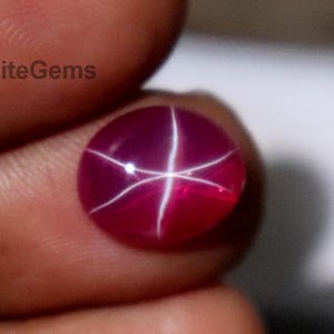 May include: A round, cabochon-cut gemstone with a deep magenta-red color and a distinct six-rayed star effect known as asterism centered on its surface. The stone features the text EliteGems printed in black near the top edge of the gem.