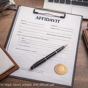 Pode incluir: Uma prancheta com um formulário de declaração juramentada, uma caneta preta e dourada e um selo dourado. O texto "AFFIDAVIT" está no topo. O texto "For legal, court, school, and official use" está na parte inferior da imagem.