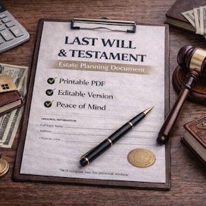 Testamento: Formulario legal de planificación patrimonial simple, documento de testamento imprimible y editable