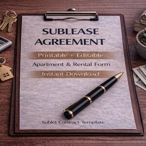 Könnte beinhalten: Ein Klemmbrett mit einem Formular für einen "UNTERMIETVERTRAG", ein schwarzer Stift, Schlüssel, ein Taschenrechner, eine kleine Hausfigur, eine Sukkulente in einem kleinen Topf und Stapel von US-Dollar-Scheinen liegen auf einer Holzoberfläche. Das Formular enthält den Text "Druckbar + Bearbeitbar", "Wohnungs- & Mietformular" und "Sofort-Download".