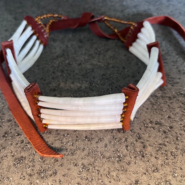 Chugach large smooth dentalium six row choker deerskin leather Native American made powwow regalia FREE SHIPPING USA