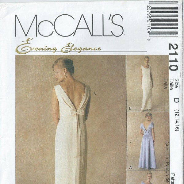 Sz  12 Thru 16 - McCall's Evening Elegance 2110 - Misses' Floor Length Gown, Lined, Sleeveless, Low V-Back, Bow Detail - McCall's Pattern