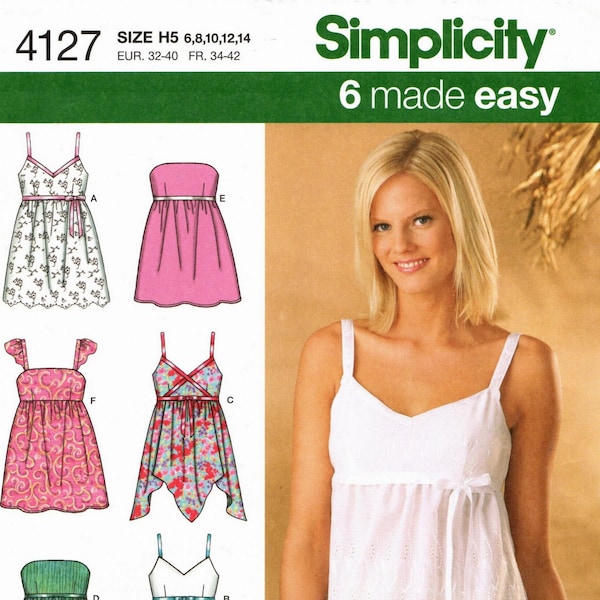 Sz  6 Thru 14 - Simplicity 4127 - Misses' 6 made EASY Spaghetti Strap Tops with Bodice and Hemline Variations - Simplicity Pattern